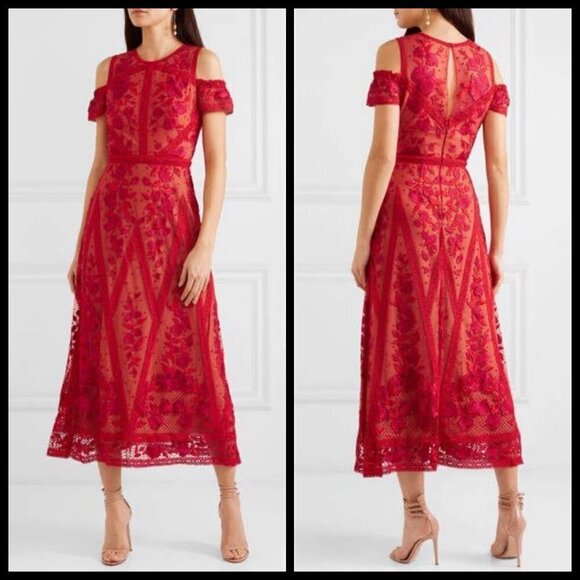 💕MARCHESA💕 Cold-Shoulder Guipure Lace-Trimmed Embroidered Tulle Midi Dress Red - Picture 3 of 16